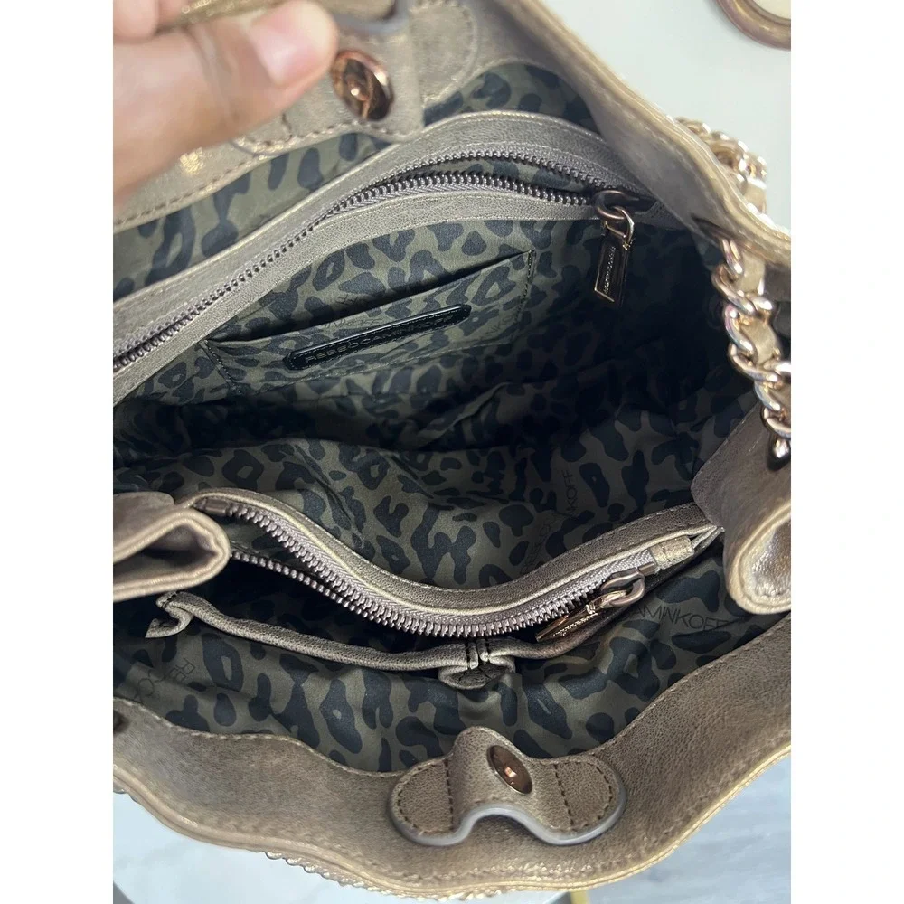 Rebecca Minkoff Metallic Gold Quilted Studded Leather Shoulder Chain Bag 91H